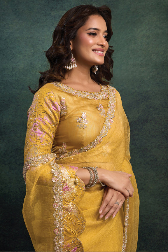 Yellow Crush Organza Silk Embroidery Saree
