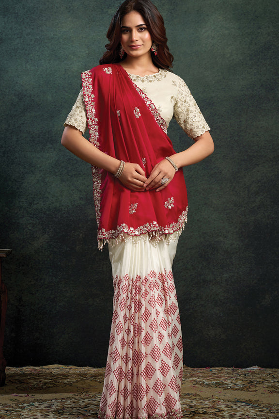 Cream Upada Satin Silk Embroidery Saree