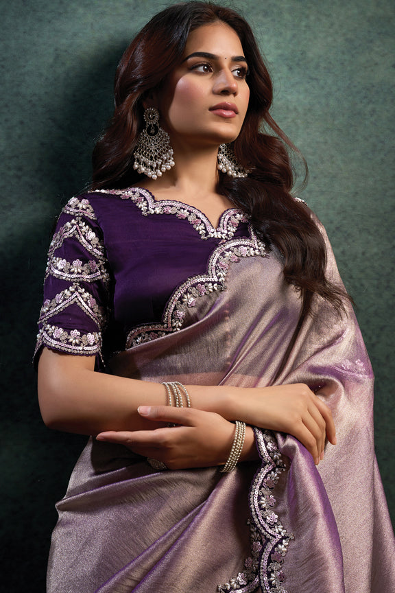 Lavender Zari Organza Silk Embroidery Saree