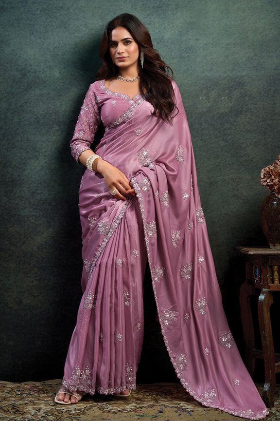 Pink Soft Satin Stone Handwork Saree