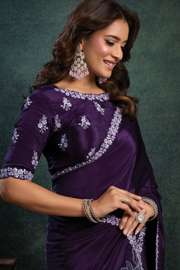 Purple Satin Silk Dual Sequins Embroidery Saree