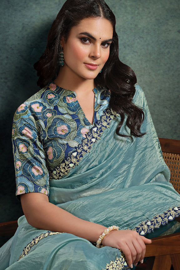 Sea Green Paper Silk Pleat Handwork Saree