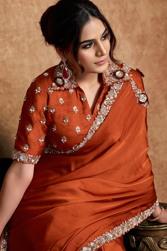 Rust Lustrous Satin Silk Sequins Embroidery Saree