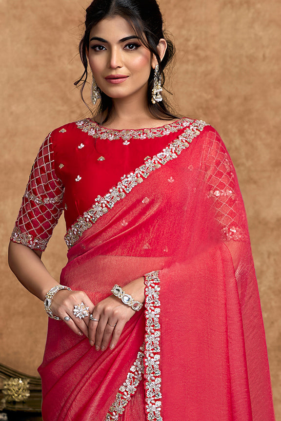 Red Zari Organza Satin Dual Sequins Saree