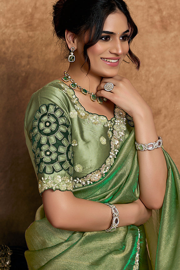 Green Zari Organza Satin Applique Work Saree