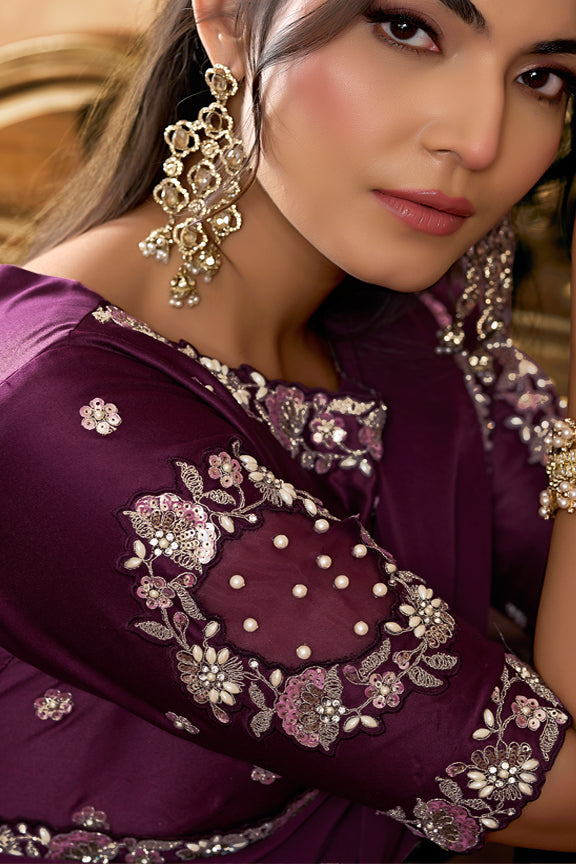 Wine Lustrous Satin Silk Sequin Embroidery Saree