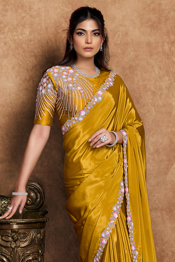 Mustard Pure Crepe Satin Pearl Handwork Saree