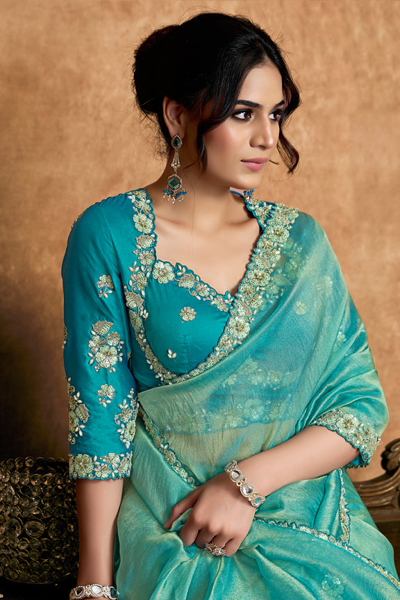 Friroji Zari Organza Satin Dual Sequins Saree