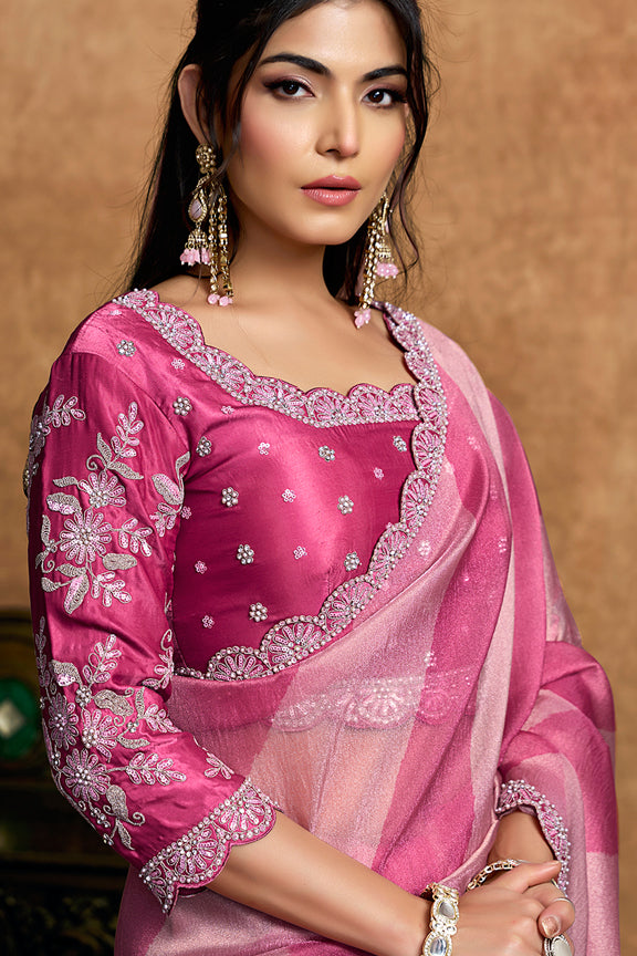 Pink Organza Satin Lehriya Print Saree