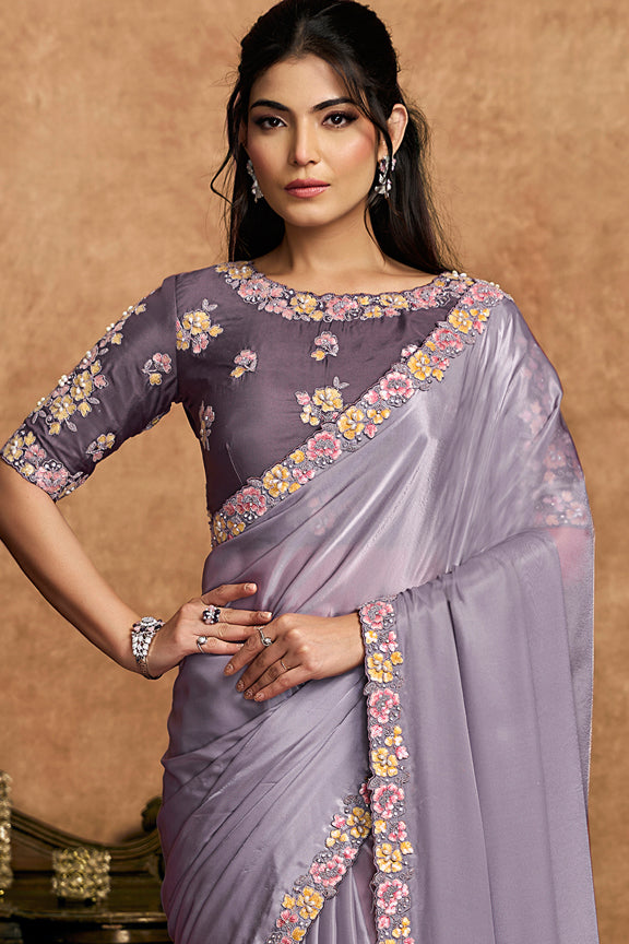 Purple Pure Crepe Satin Thread Embroidery Saree