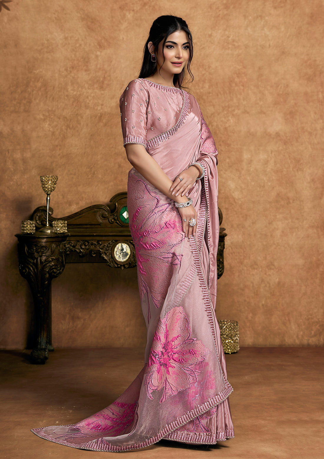 Pink Pure Crepe Sequins Embroidery Saree
