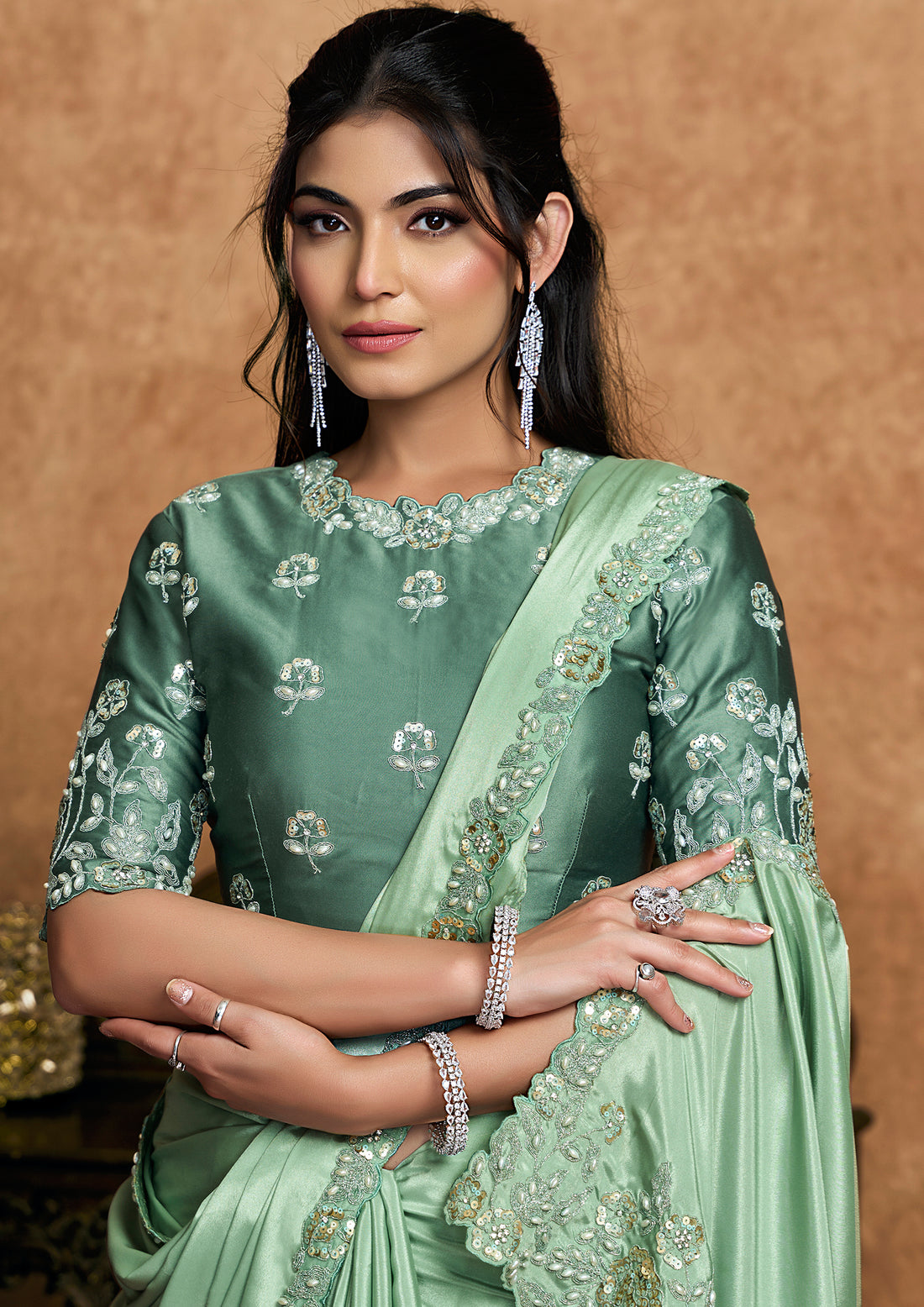 Pista Green Pure Crepe Satin Stone Handwork Saree