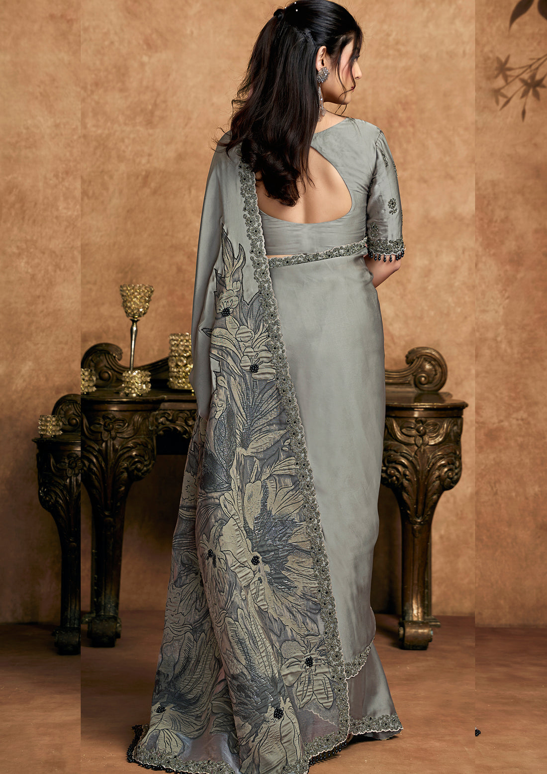 Grey Satin Silk Embroidery Highlighted Saree