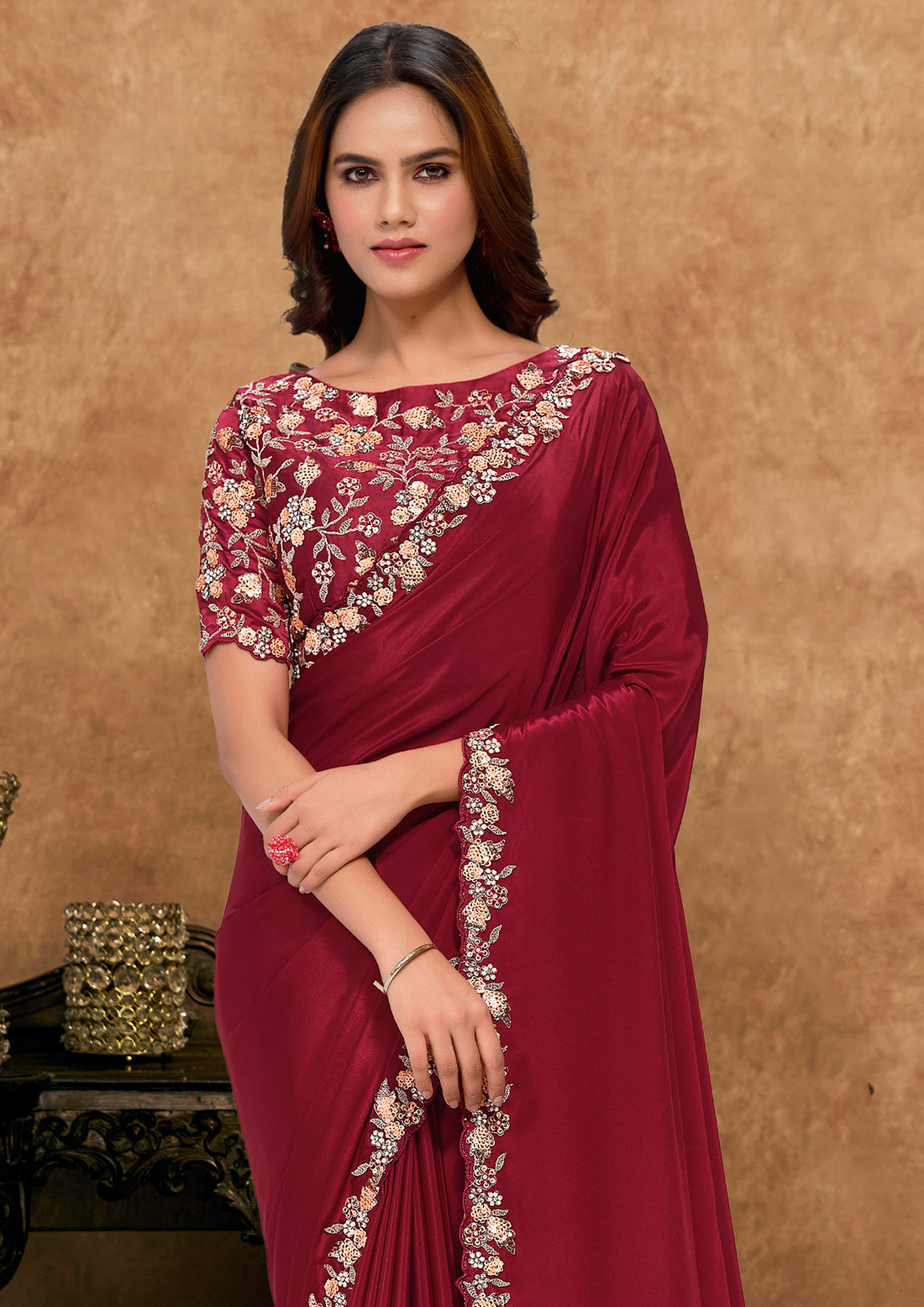 Maroon Pure Crepe Georgette Moti Work Saree