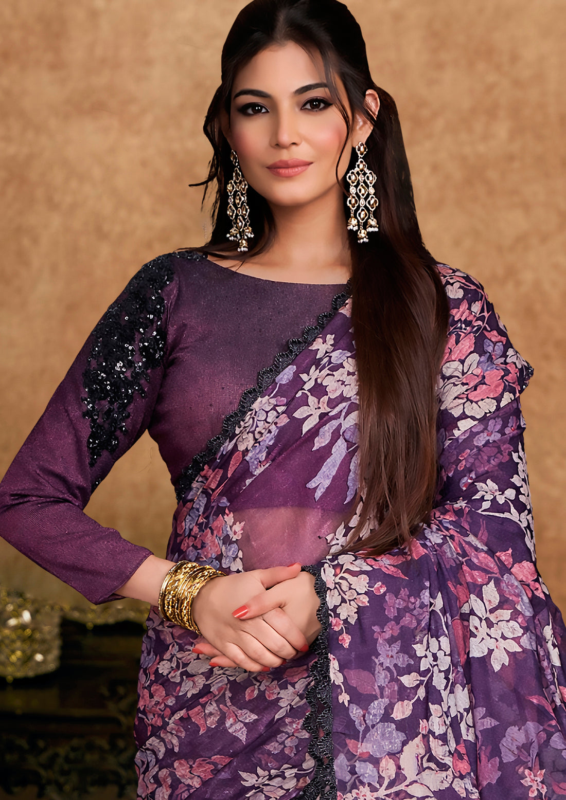 Wine Brasso Stone Handwork Saree
