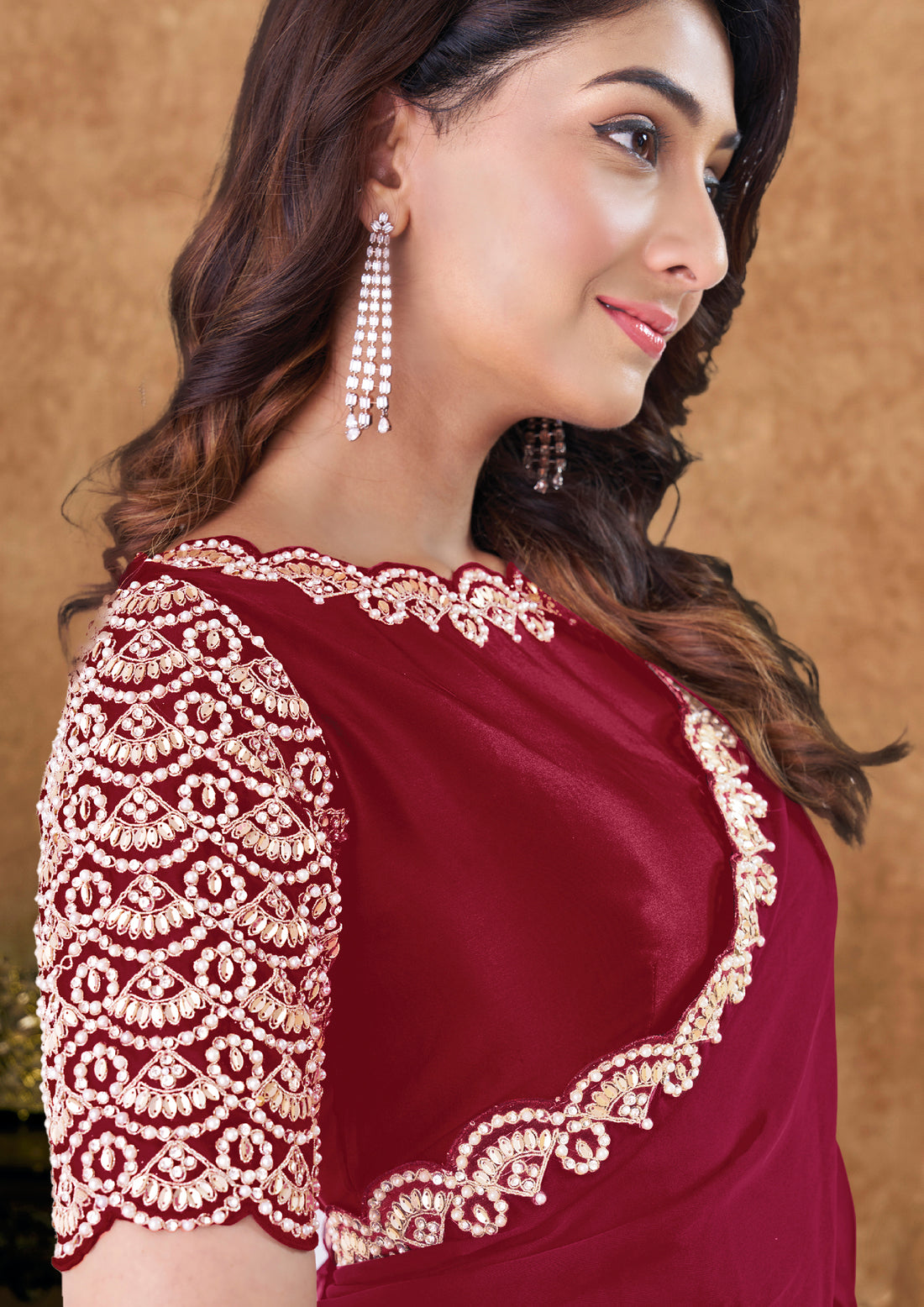 Red Pure Crepe Silk Moti Handwork Saree
