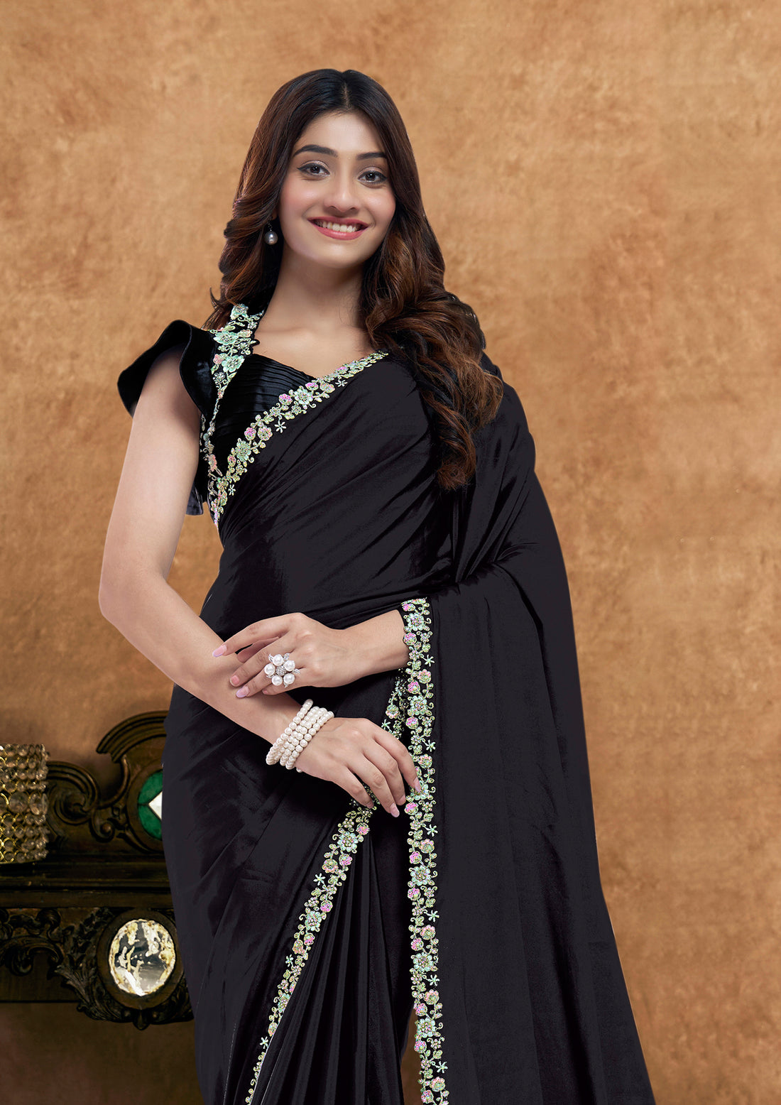 Black Pure Crepe Silk Hand work Saree