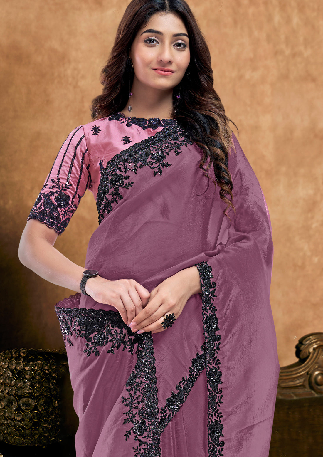Dark Mauve Crush Pure Silk Hand work Saree