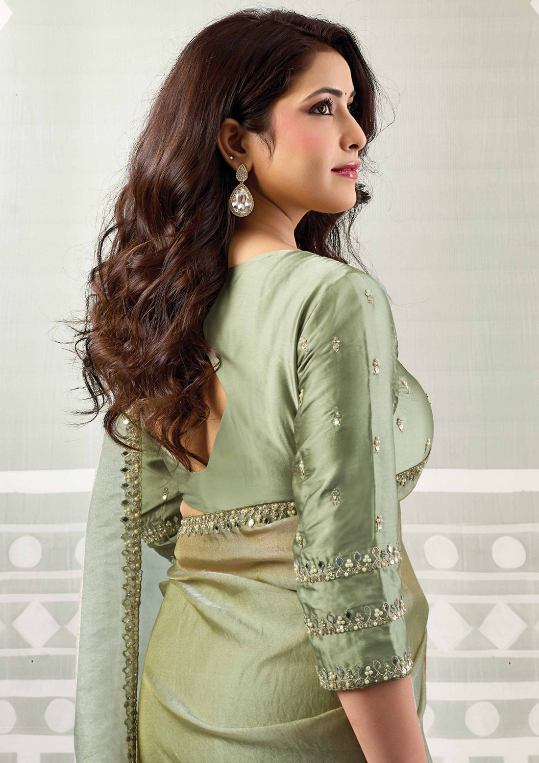 Pista Green Zari Organza Satin Embellished with Dual Sequins Saree