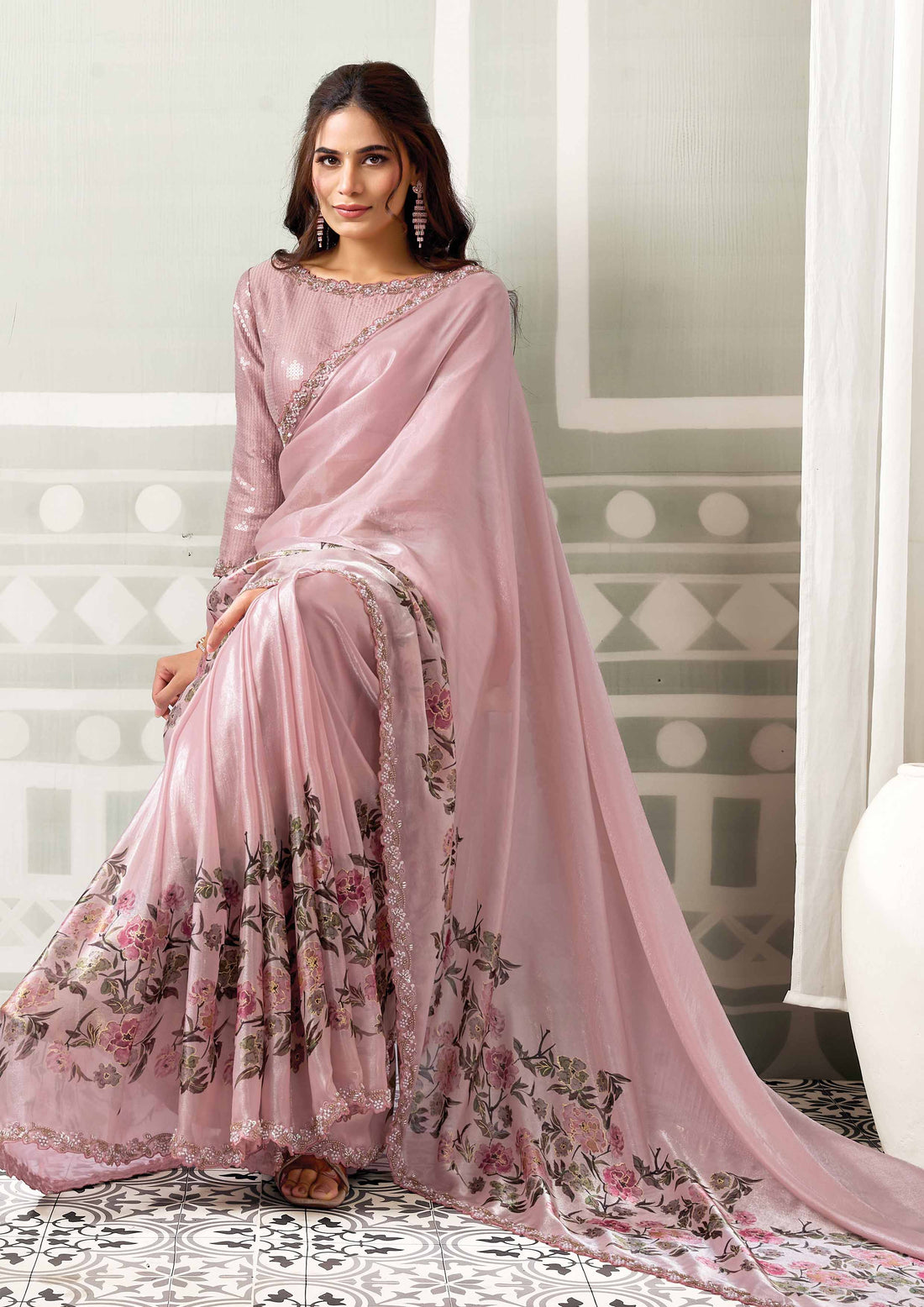 Blush Pink Two Tone Satin Silk Embellished with Beads Saree
