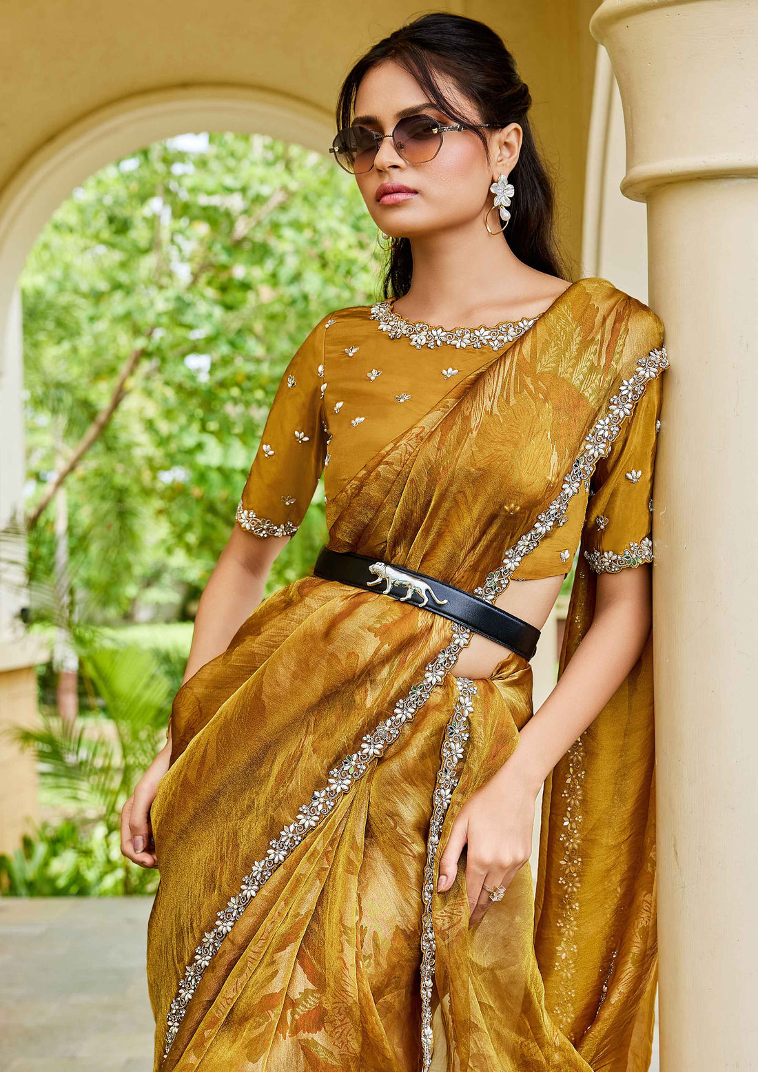 Mustard Two Tone Satin Silk Stone Embroidery Saree