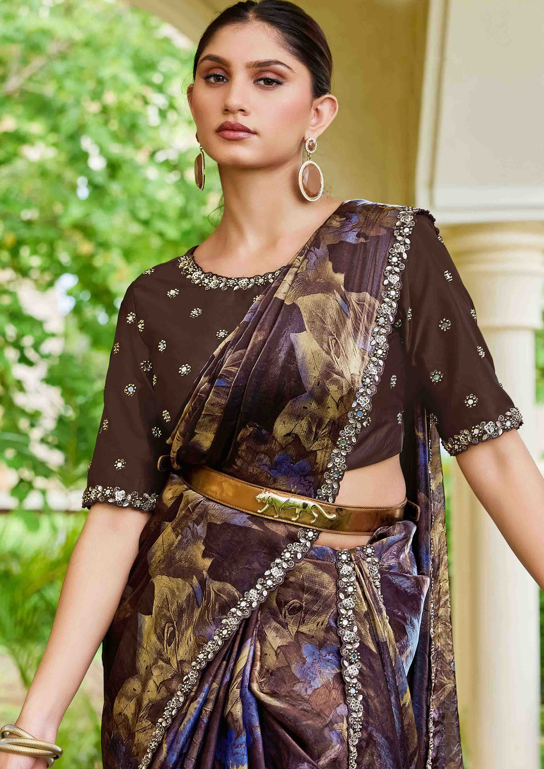 Coffee Two Tone Satin Silk Embellished with Embroidery Saree