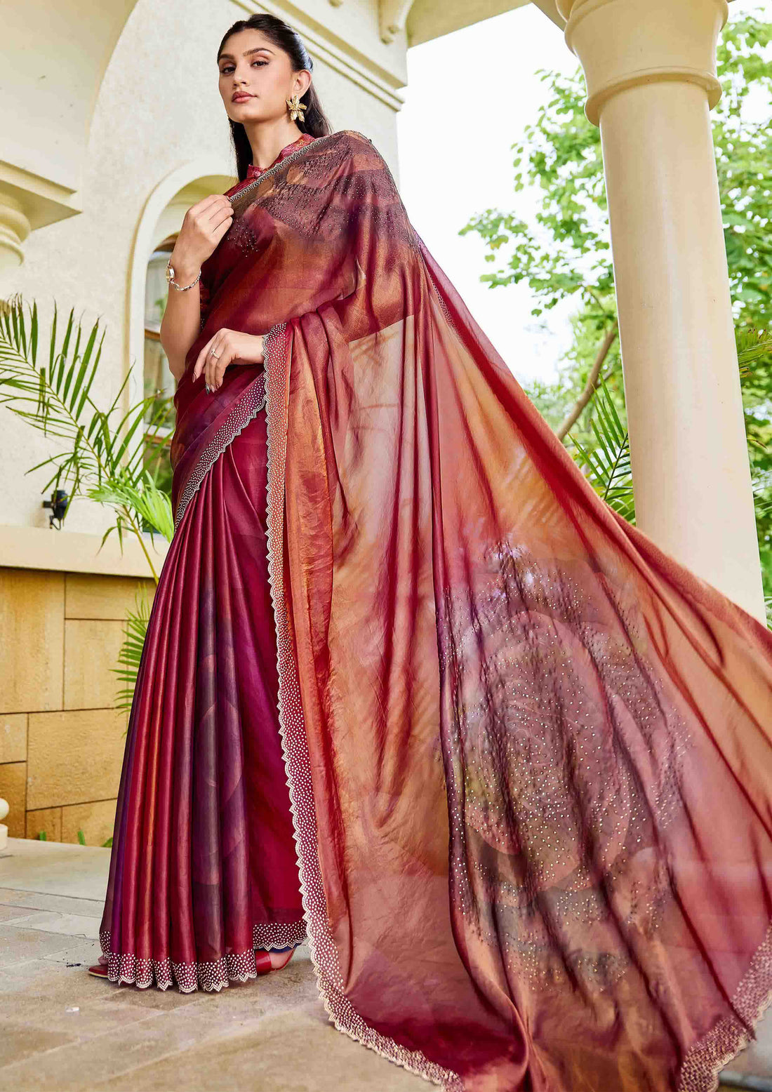 Maroon Two Tone Satin Silk Swarovski Stone work Saree