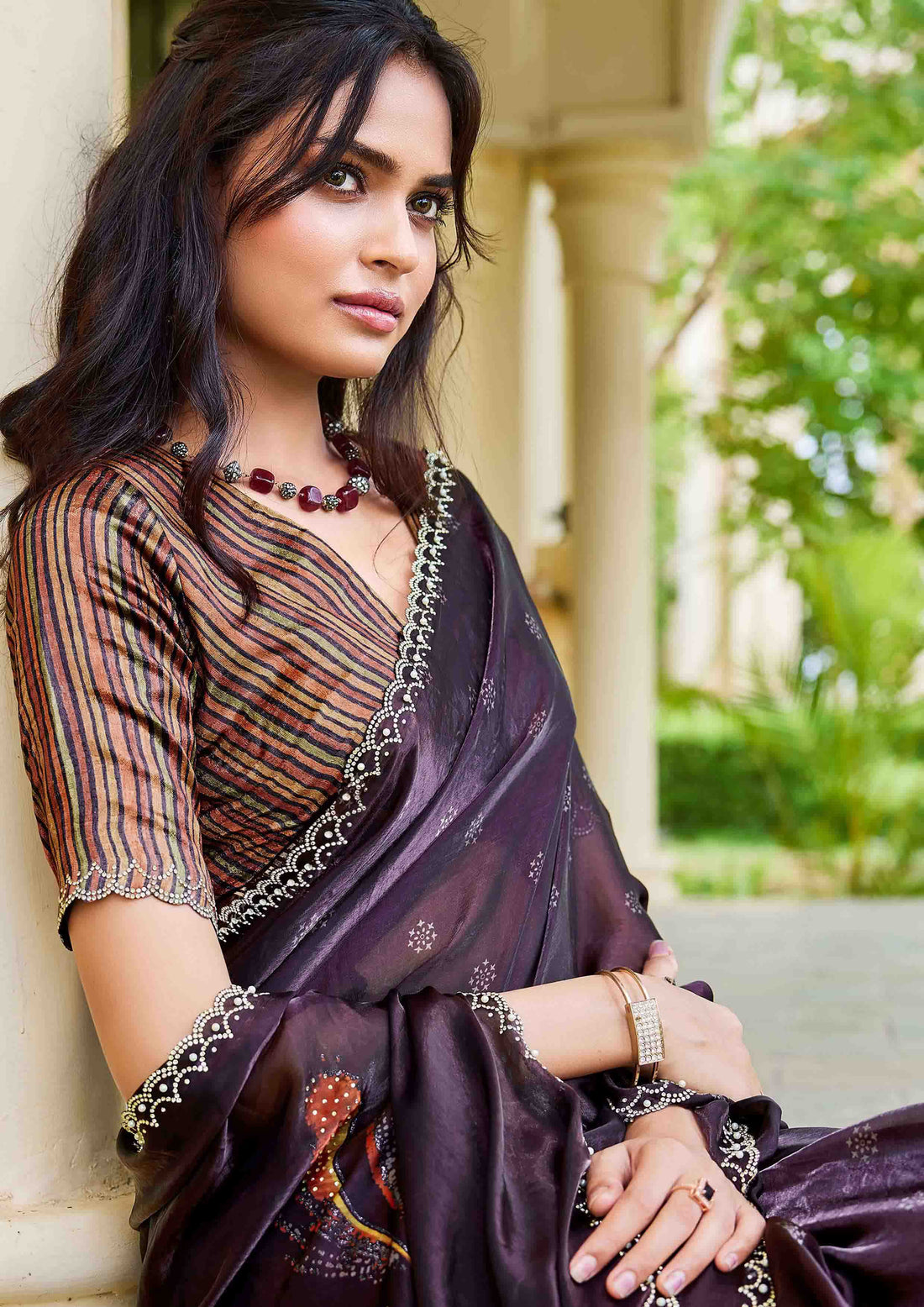 Dark Purple Two Tone Satin Silk Swarovski Stone work Saree