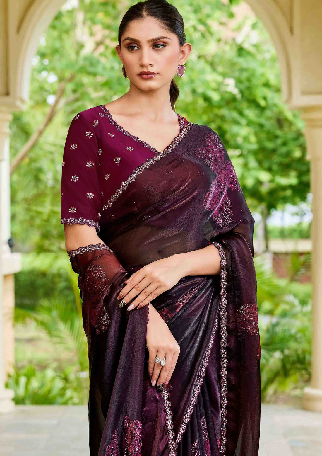 Wine Two Tone Satin Silk Embroidery with Pearl work Saree