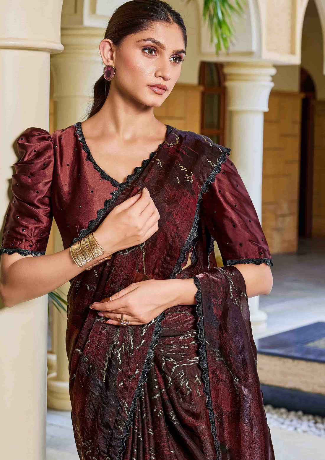 Black Two Tone Satin Silk Embellished with Cutdana Work Saree