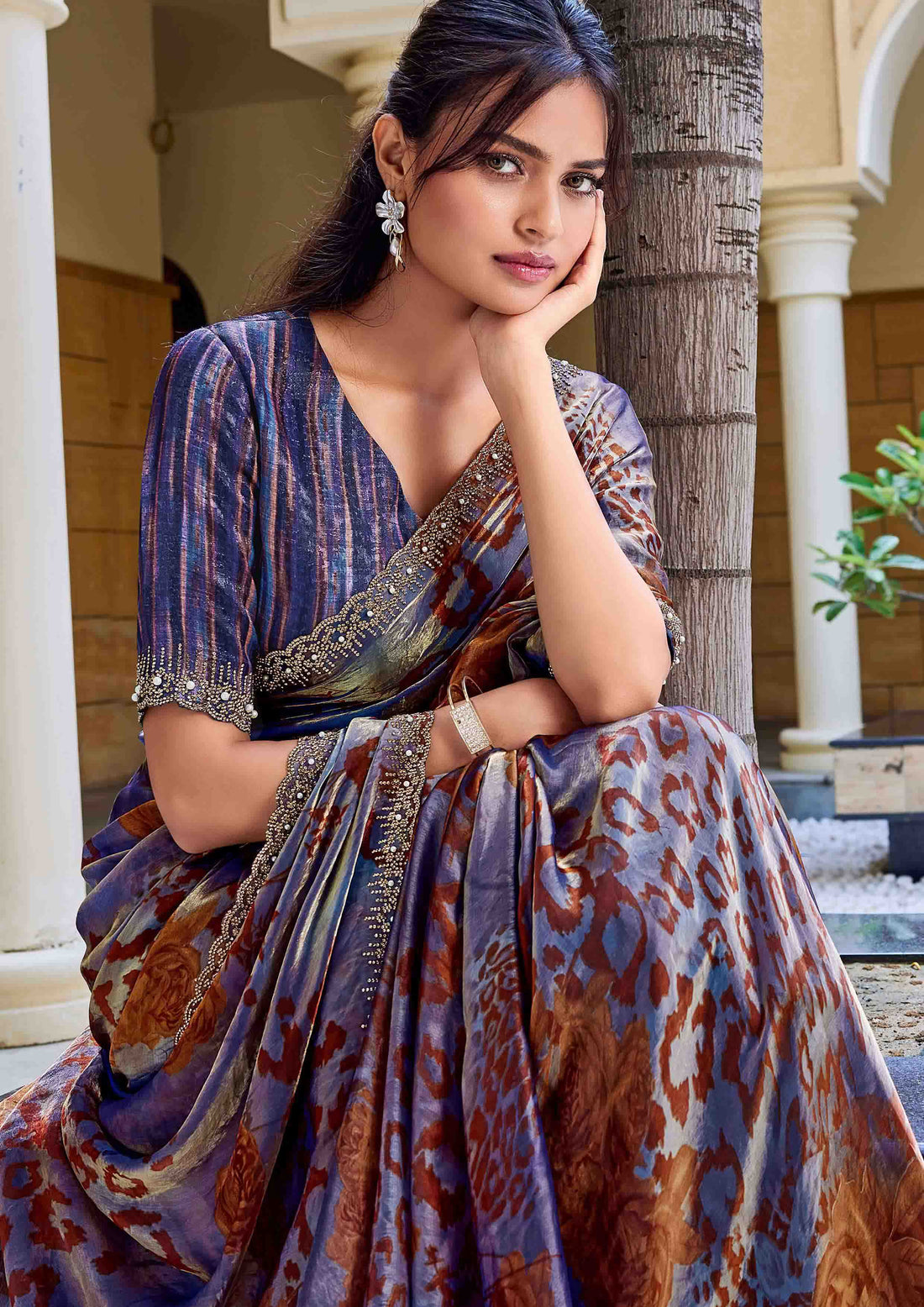 Blue Two Tone Satin Silk Swarovski Stone work Saree