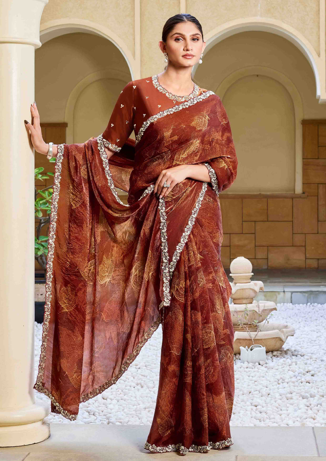 Rust Two Tone Satin Silk Embroidery with Pearl Saree