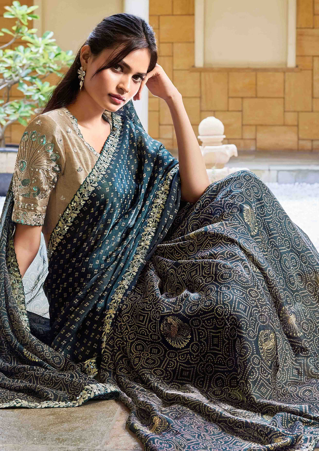 Sea Green Two Tone Satin Silk Dual Embroidery Saree