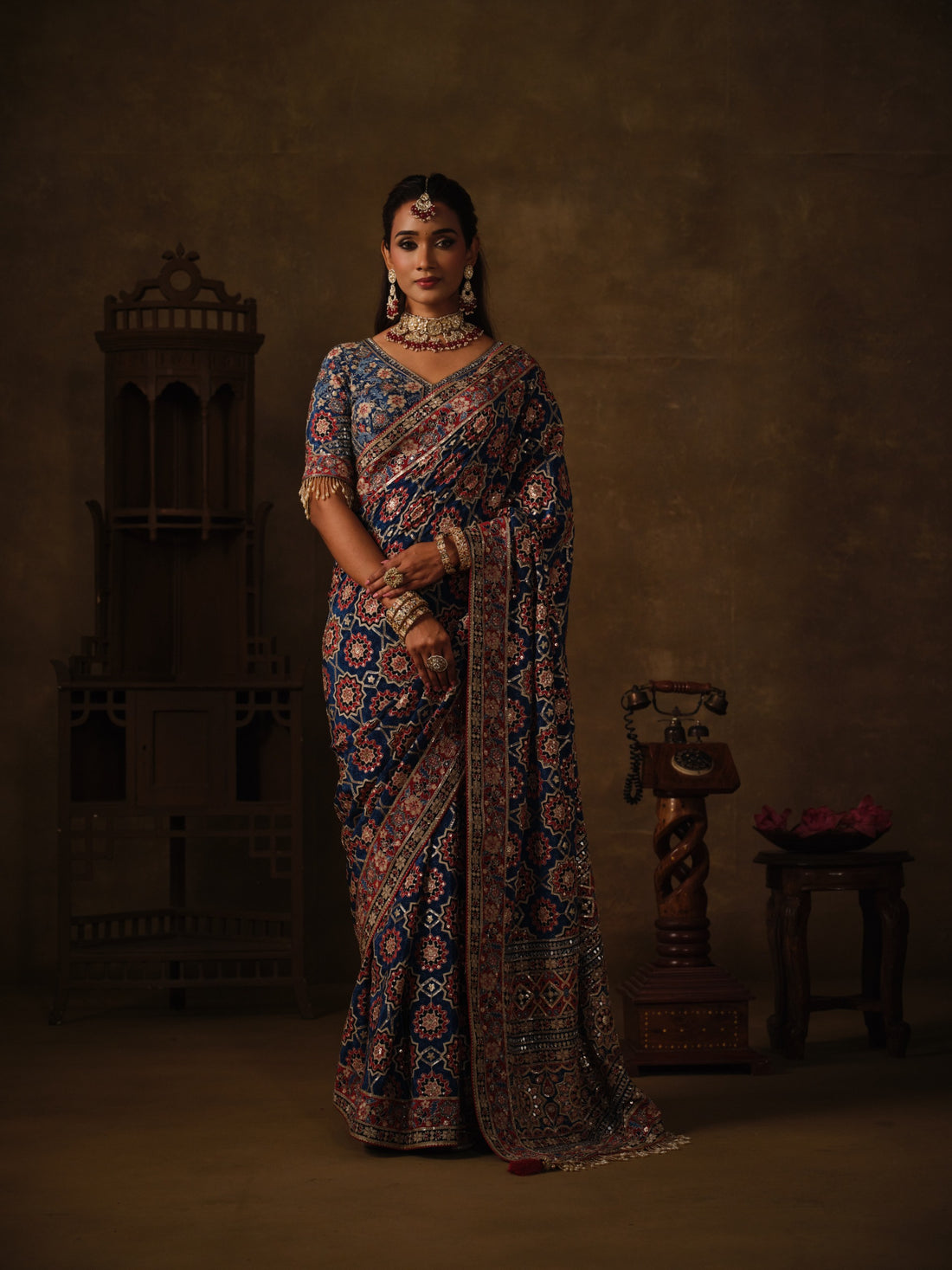 Navy Blue Natural Crepe Aari Hand work Rangkat Saree