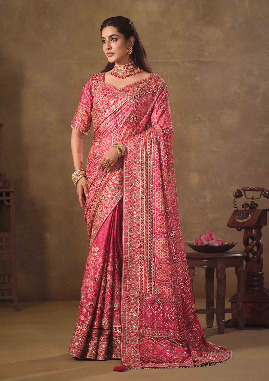 Rani Natural Crepe Aari Hand work Position Saree
