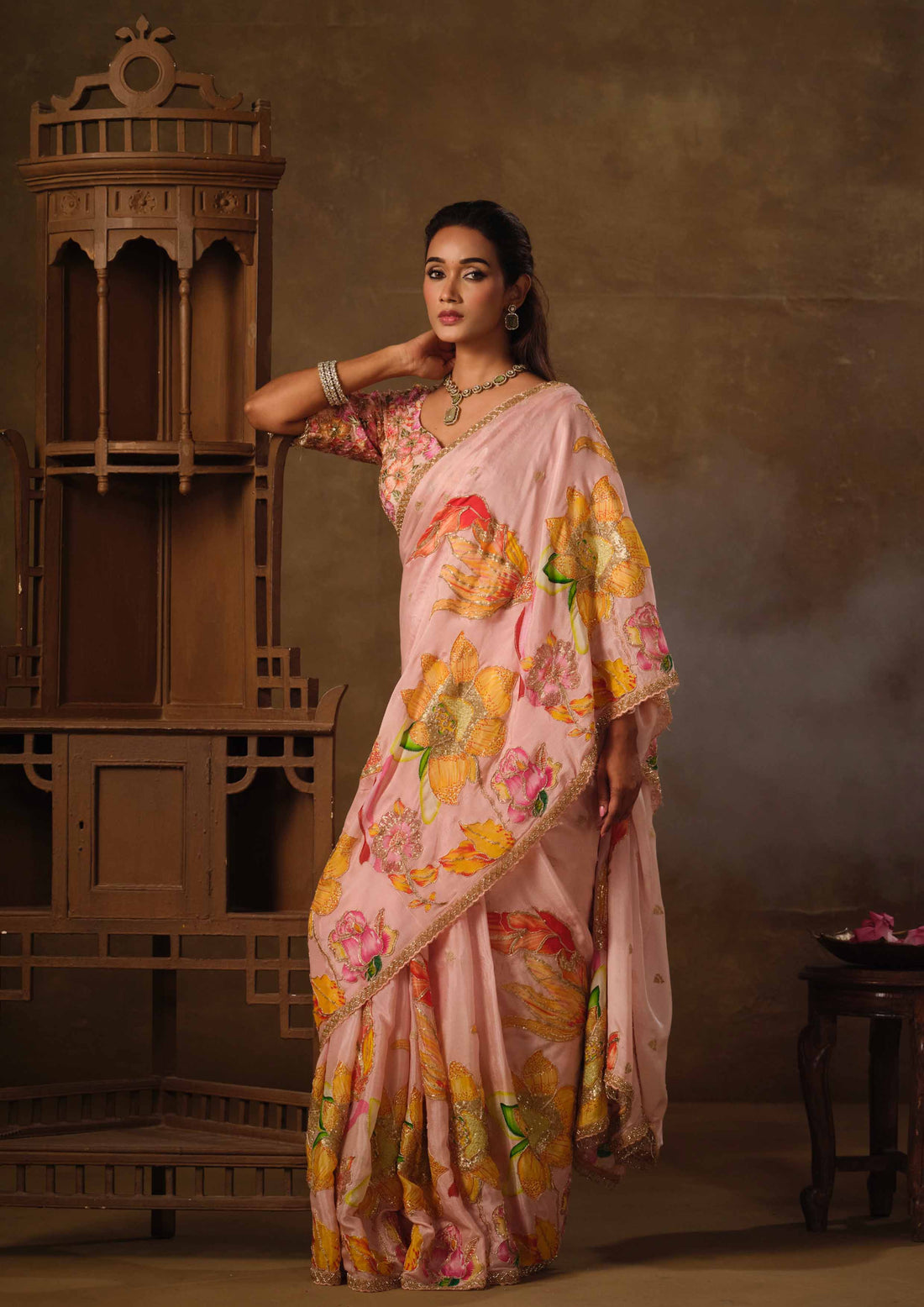 Pink Natural Crepe Aari Hand work Position Saree