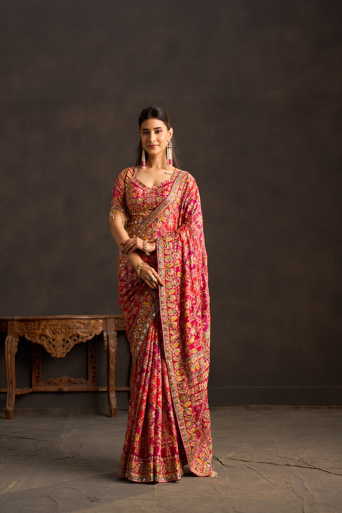 Rani Natural Crepe Aari Hand Work Rangkat Designer Saree