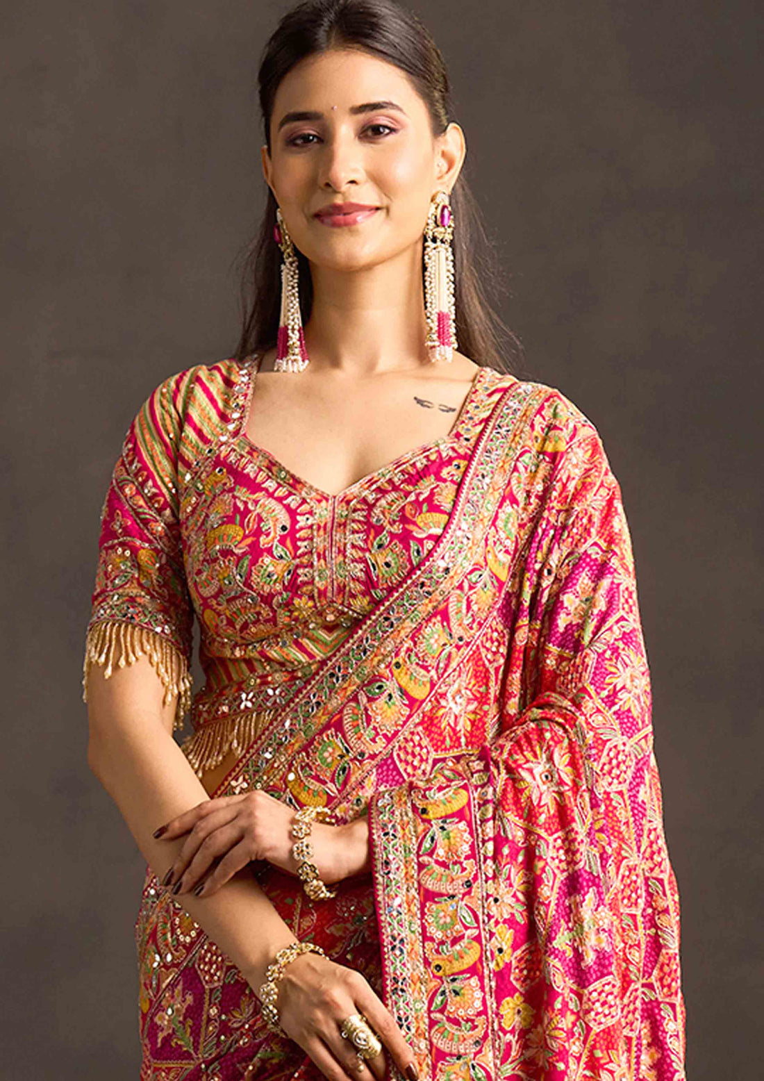 Rani Natural Crepe Aari Hand Work Rangkat Designer Saree