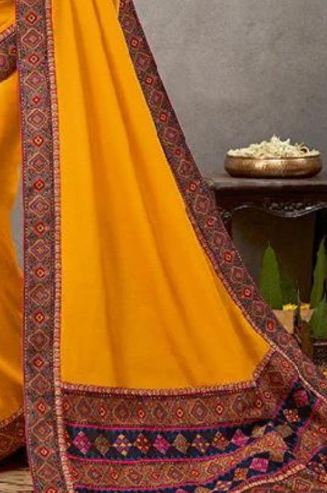 Mustard Tusser Silk Embrodiered Saree