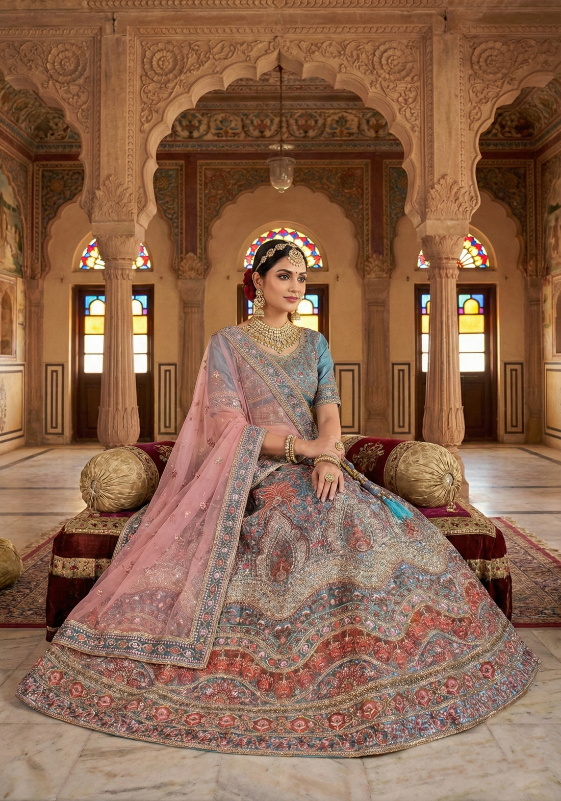 Blue Velvet Thread Hand Work Lehenga Choli