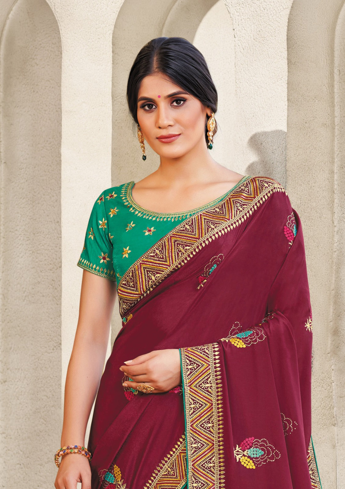 Maroon Embroidered Georgette Saree