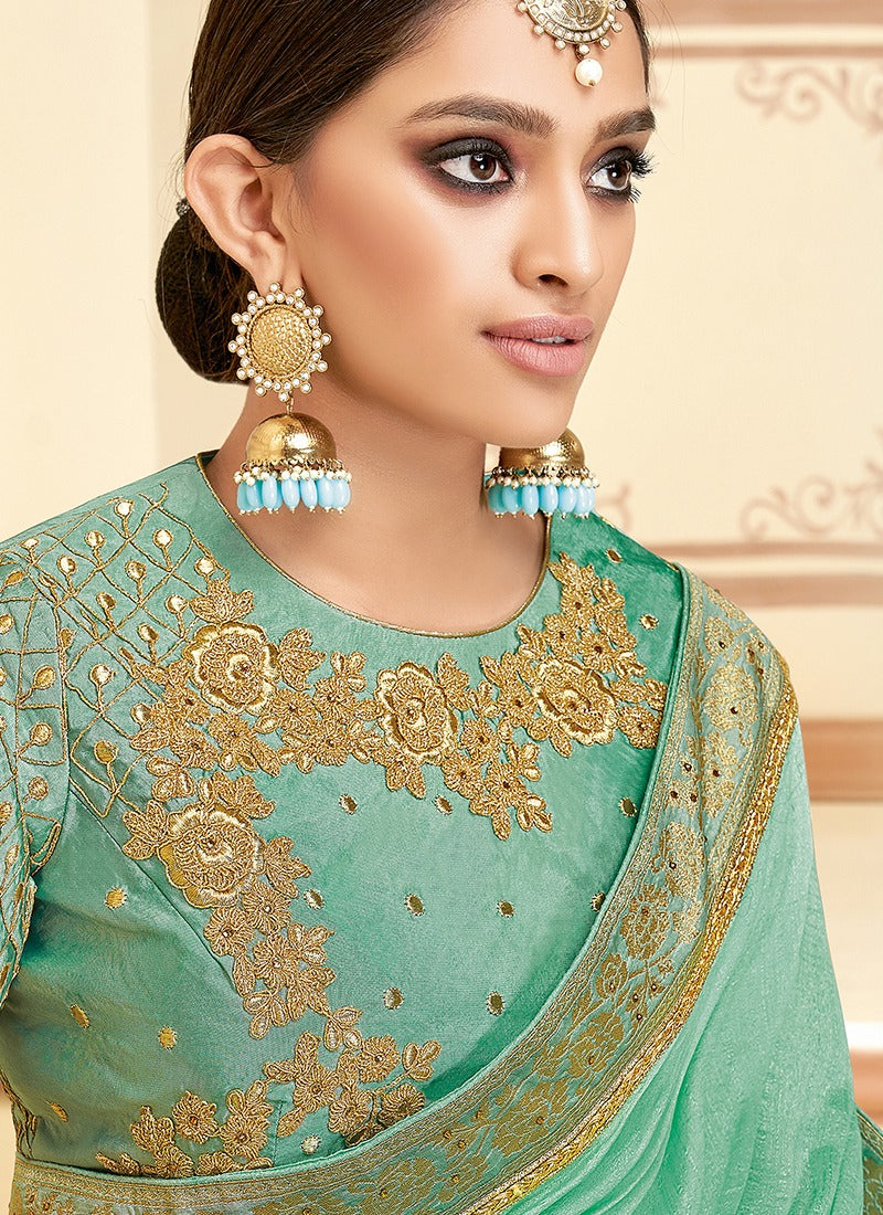 Blue Satin Silk Embroidered Saree