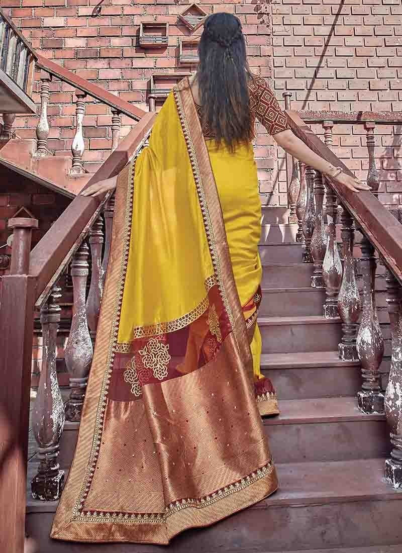 Yellow Georgette Silk Embroidery Saree
