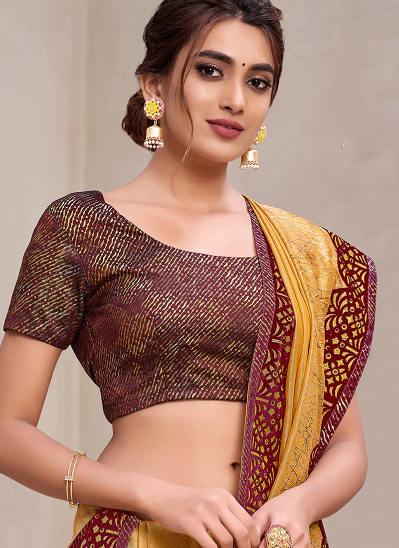 Mustard Crepe Georgette Embroidered Saree