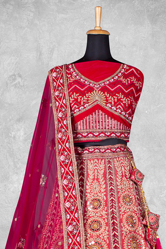 Red Velvet Pure Mirror Work Semi Stitched Lehenga Choli with Dupatta