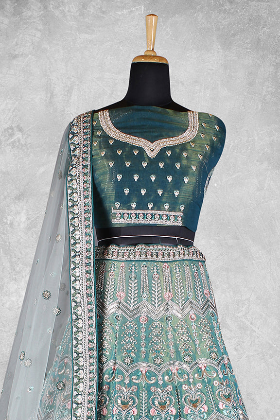 Teal Velvet Hand work Semi Stitched Lehenga Choli with Dupatta