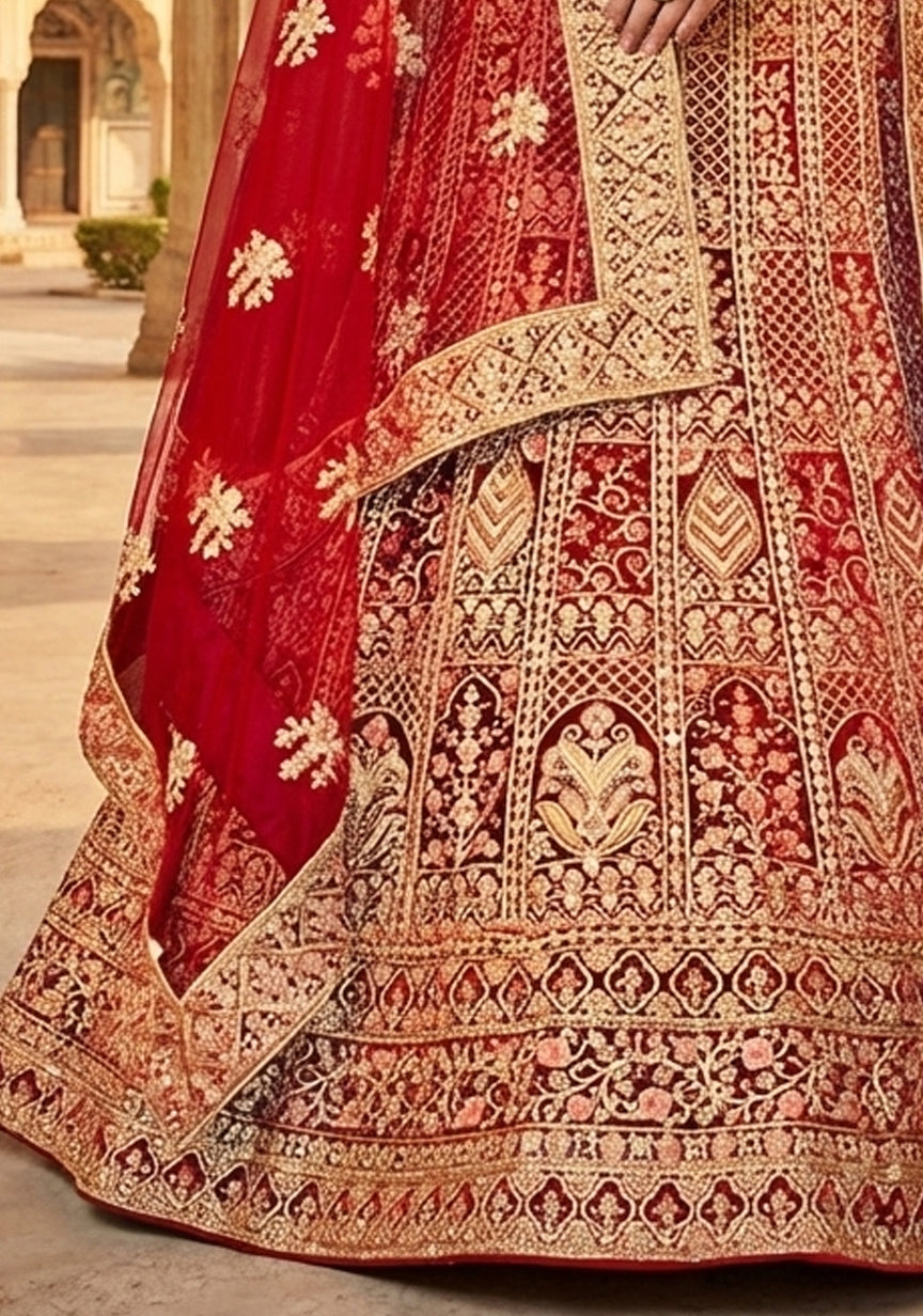Red Velvet Thread Hand Work Lehenga Choli