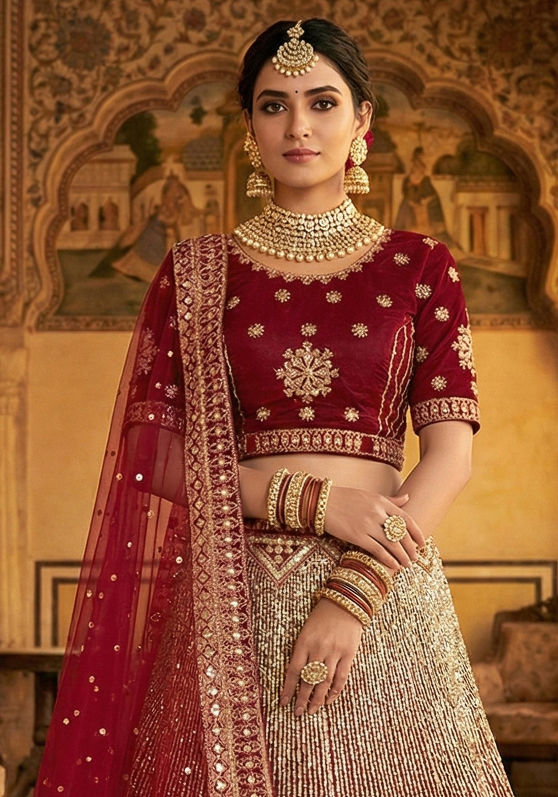Wine Net Embroidery Lehenga Choli