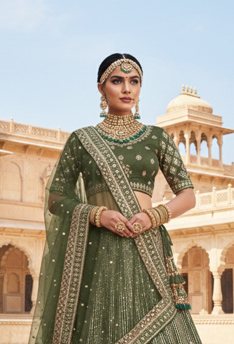 Dark Green Net Embroidery Lehenga Choli