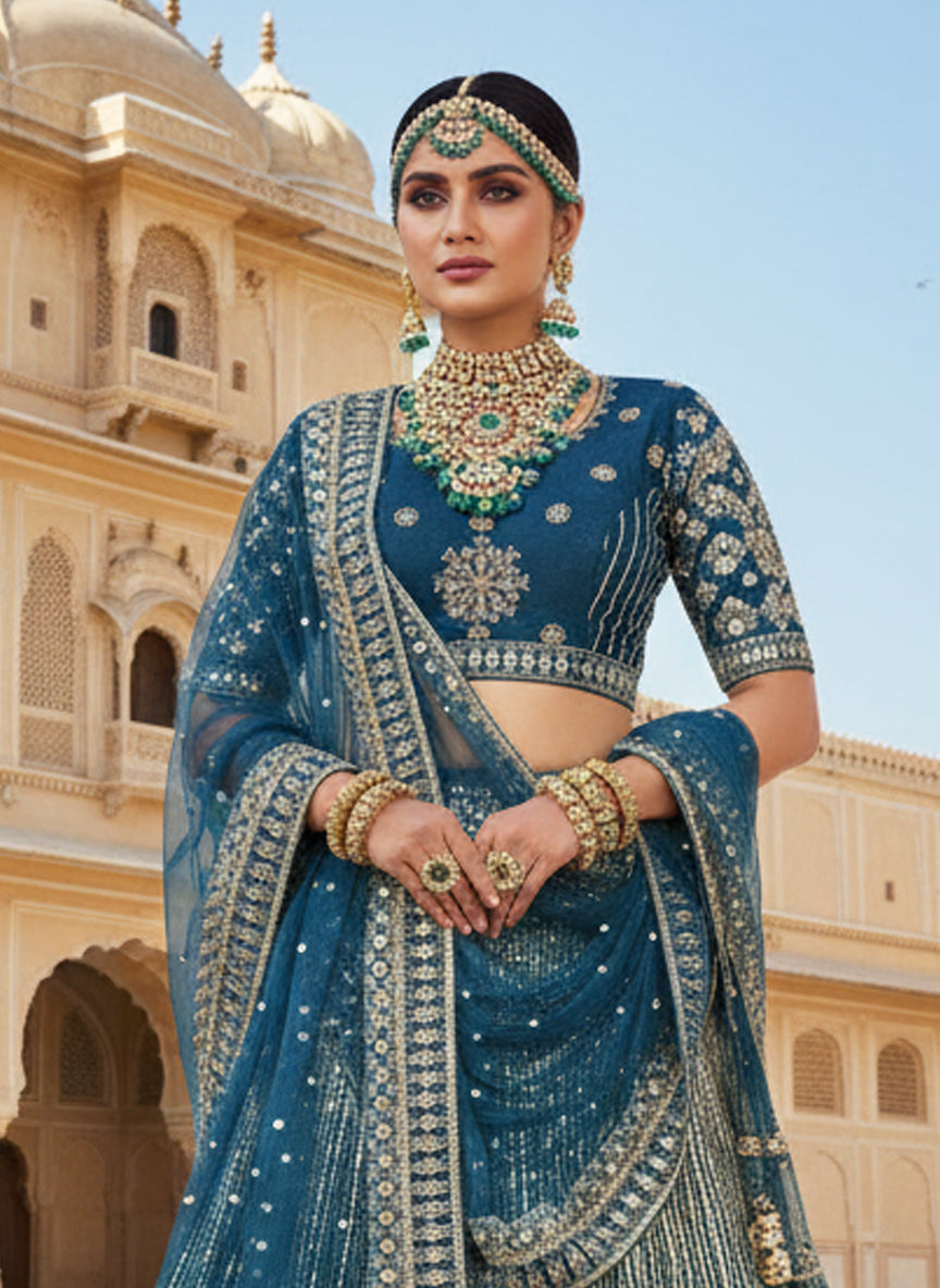 Teal Net Embroidery Lehenga Choli